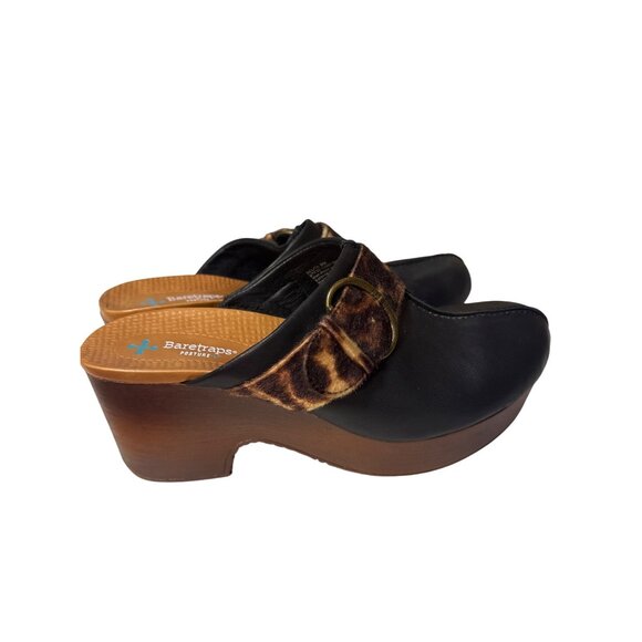 Baretraps Belita Womens 9M Black Clogs With Leopard Accent & Wooden Platform - Picture 3 of 8